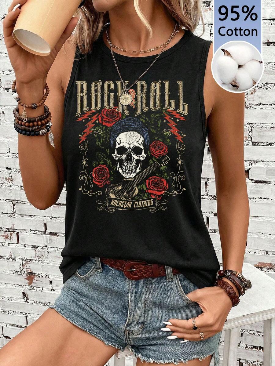 SHEIN LUNE Áo tank top nữ kiểu dáng thường ngày, đa năng, họa tiết lễ hội âm nhạc, hình bộ xương và nhạc cụ, phong cách lễ hội nhạc đồng quê. - màu đen - Xem 1