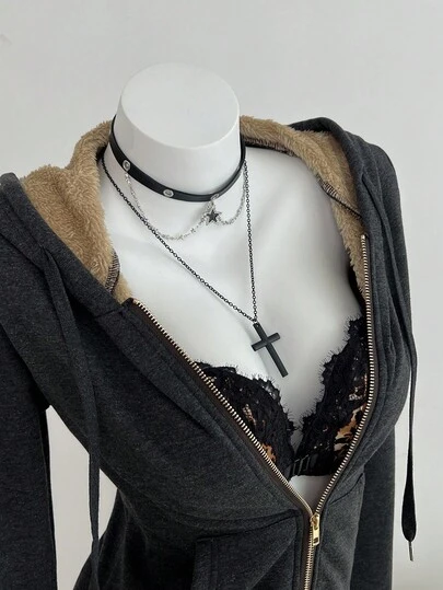 Elamini 修身复古风格针织弹力连帽保暖内衬长袖口袋女式运动衫 女式秋季服装