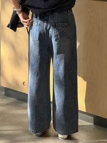 DAZY 少女蝴蝶结刺绣口袋阔腿宽松休闲百搭牛仔裤 - 藍色 - 查看 6