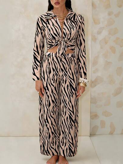 Swim Chiccia 2pcs Women Zebra Print Tie Front Top And Regular Pants Beach Outfit