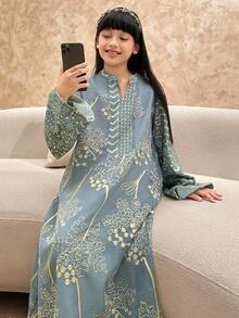 DAZY Tween Girl Bohemian Style Embroidered V-Neck Long Sleeve Loose Dress - Blue - View 1