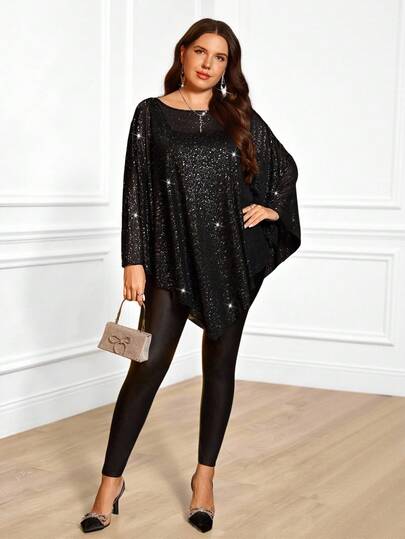 Miaspire 大码女装秋冬优雅派对不对称斗篷披肩上衣，秋冬款，黑色上衣，外出，2025，简约时尚，适合日常穿着，圣诞节，新年，约会之夜，性感