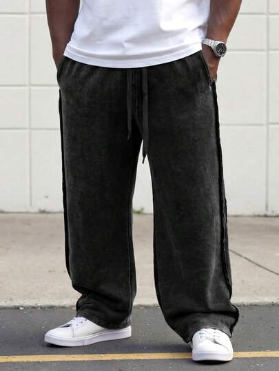 ResortEase 男士加大码街头风简约棉质运动裤，宽松阔腿裤，弹力腰带针织慢跑裤，水洗棉面料，做旧雪花效果，外露缝线设计，休闲街头风，适合日常穿着、休闲、时尚、街头风、节日礼物