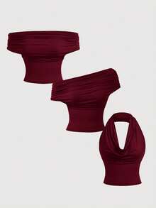 SHEIN MOD Bộ 3 áo hai dây nữ màu trơn xếp ly, đa năng, thanh lịch, thời trang cho mùa hè. - Bụi hồng - Xem 7