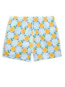 Manfinity Swimmode 男士夏季度假格子橙色印花抽绳腰宽松沙滩短裤 - 淺藍色 - 查看 3