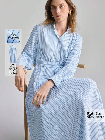 Ontre 2026 Women's Striped Knotted Waist Casual Dress, Suitable For Daily Wear, Dates And Outings Beach Clothing, All Season  Ins Celebrity Same Style Vacation Style, Exotic Atmosphere, Country Concert, Western Style Clothing, High-Grade Fabric, Comfortable And Breathable Bohemian Style Vacation Wear Modern Urban Casual Fashion Business Casual Women's Office Wear Low-Key Old Money Style Effortless Temperament High-End Urban Commuting High-Quality Airport Women's Wear High-Grade Fabric, Comfortable