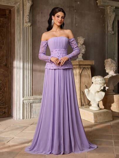 Aureia Elegant Luxury Sheer Long Sleeve Sequin Embroidered Mesh Patchwork A-Line Hem Dress, Suitable For Festivals, Weddings, Galas, Concerts, Business Events, Influencer Occasions