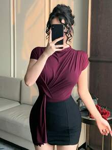 DAZY Women's Elegant Solid Color Asymmetric Drape Neck Tie T-Shirt, Summer - Purple - View 10
