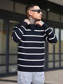 Devon Thys 男士长袖条纹飞机领针织毛衣，秋冬，垃圾摇滚风格 - 黑色 - 查看 3