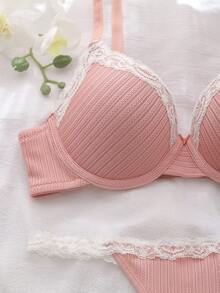 女士内衣套装，粉色无钢圈文胸，提拉侧支撑，清新可爱设计 - 粉色 - 查看 5