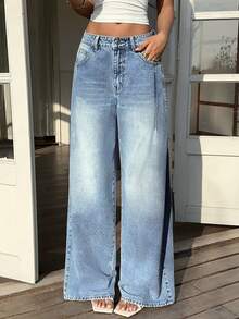 Sunnyshic Women's Casual Washed Loose Straight Leg Jeans - Blue - View 4