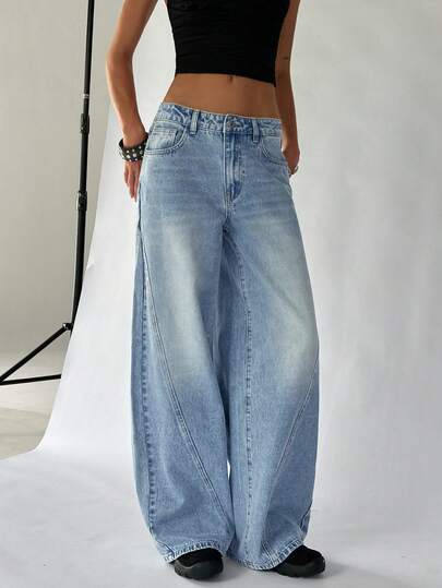 TRNVIE 女士宽松口袋阔腿休闲百搭牛仔裤