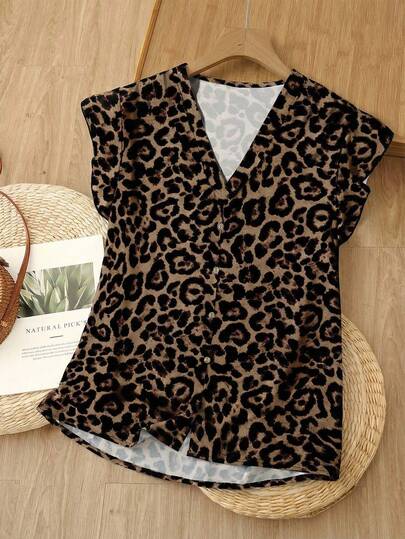 SHEIN LUNE Camisa casual de mujer con estampado de leopardo, adecuada para el verano