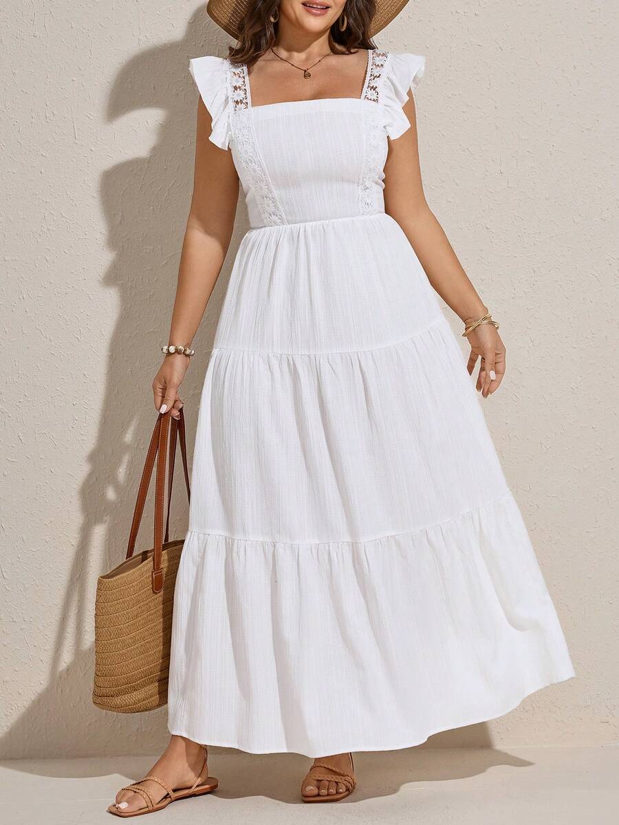 Comfylo Plus Size Summer Vacation Solid Color Textured Ruffle Hem Dress - White - View 1