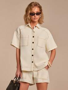 COSMINA Denim 女士优雅米色短袖牛仔两件套，适合通勤、办公、外出、春日休闲、约会、休闲等多种场合。 - 杏色 - 查看 3