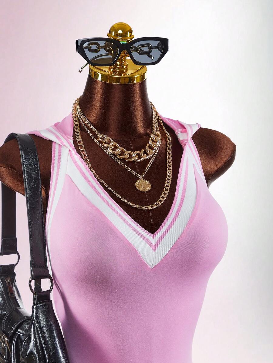 Amplova Women's Striped Backless Fitted Mini Dress With Hood - Pink - View 1