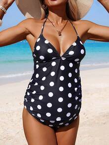 SHEIN 孕妇波点印花吊带背心式泳衣套装，适合海滩度假 - 黑與白 - 查看 5