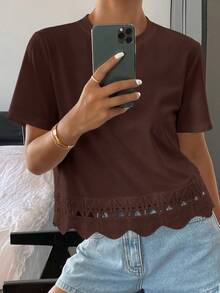 DAZY Women's Solid Color Fitted Round Neck Short Sleeve Lace Patchwork Casual Summer Top T-Shirt - Brown - View 4