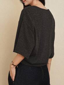 DAZY Women's Solid Color Round Neck Casual 3/4 Sleeve T-Shirt, Summer - Black - View 4