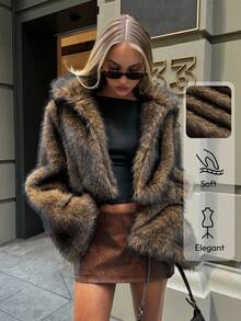 Aloruh Women's Retro Fashion Faux Fur Collar Front Open Plush Winter Jacket, Winter Outerwear - Brown - View 2