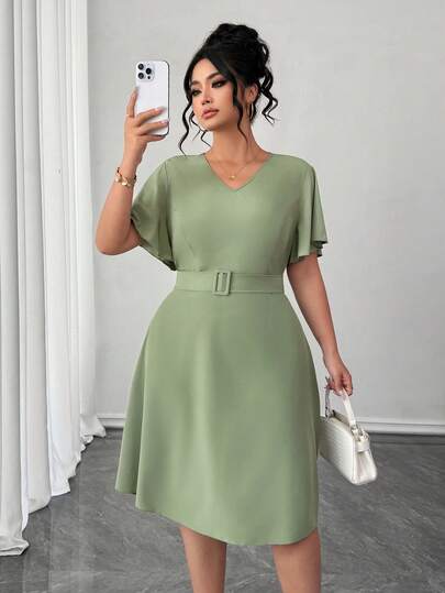 Elenzga Vestido elegante de manga corta con volantes en el bajo, de unicolor y corte evasé, adecuado para la oficina, el transporte, eventos de moda y versátil, fiestas, Día de la Madre, Día del Maestro, verano