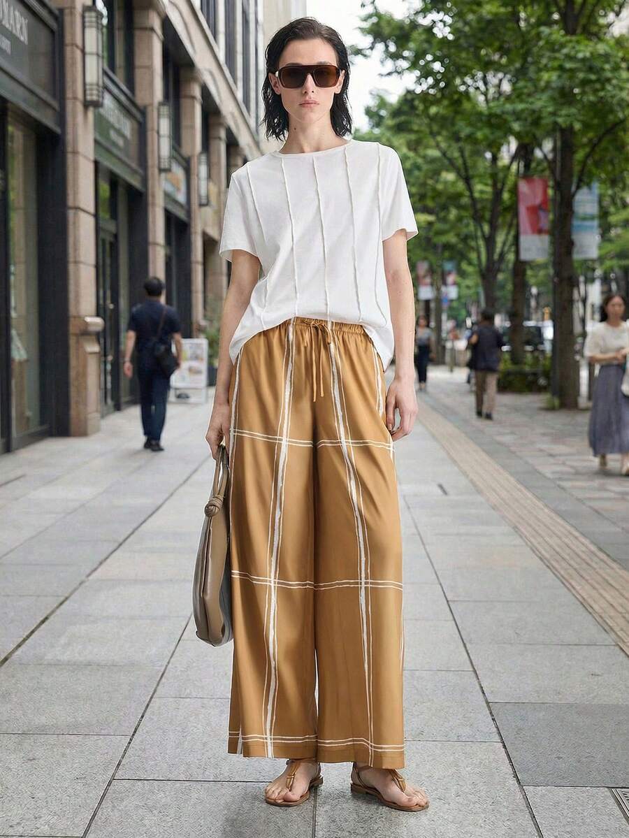 Ontre 2026SS New Striped Print Twist Pocket Fashion Versatile Women's Pants, Spring/Summer - Brown - View 1