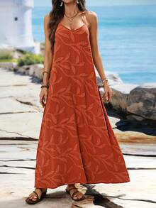 Swim Vcay Women's V-Neck Sleeveless Spaghetti Strap Backless Beaded Strap Solid Color Textured Cutout Maxi Beach Cover Up Dress For Summer - Brown - View 5