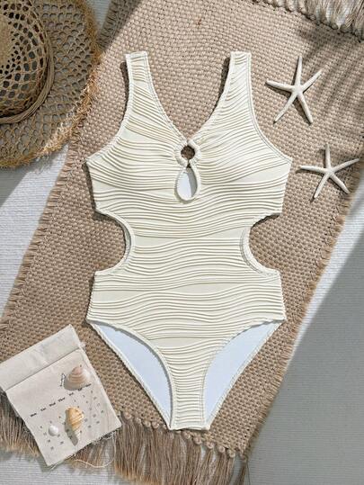 Traje de baño de una pieza con textura hueca de unicolor para niñas preadolescentes, ideal para vacaciones de verano en la playa