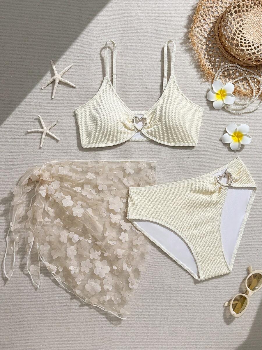 SHEIN 女童可爱三件套泳衣，带披肩/荷叶边装饰，时尚休闲优雅泳装，适合游泳、夏季度假、海滩、泳池、节日派对等场合。 - 杏色 - 查看 1