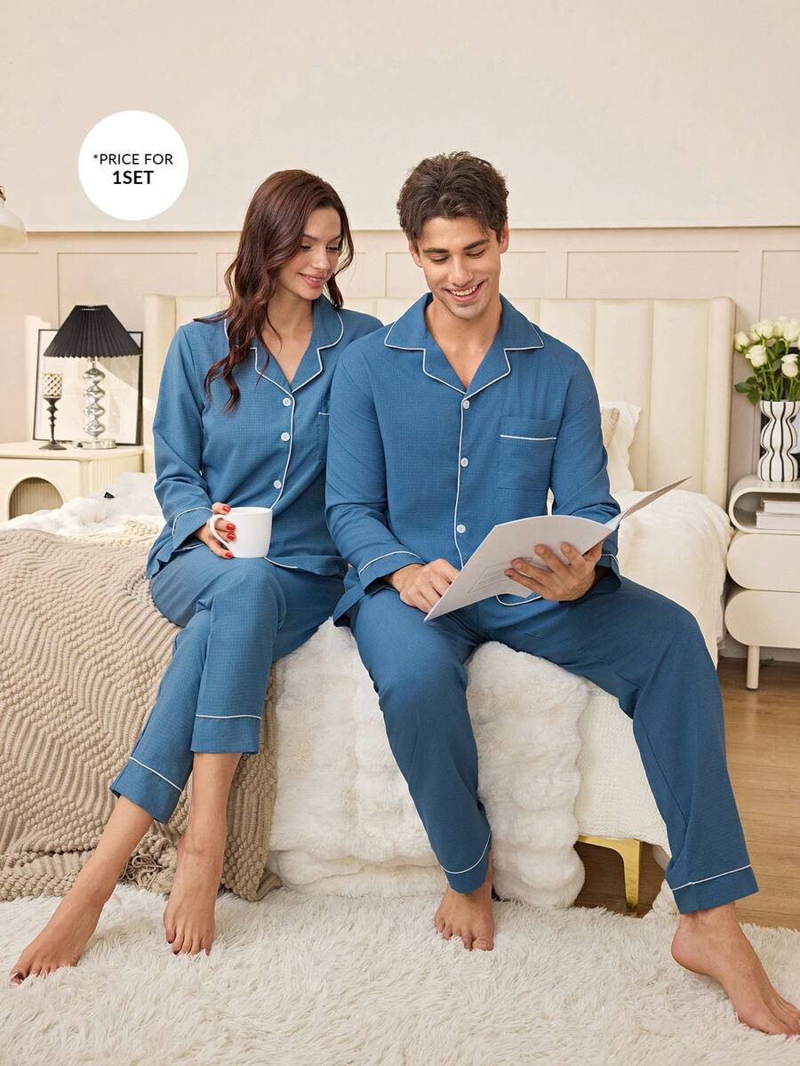 CoupledUp 简约纯色翻领纽扣长袖男士睡衣套装,家居服 - 藍色 - 查看 1