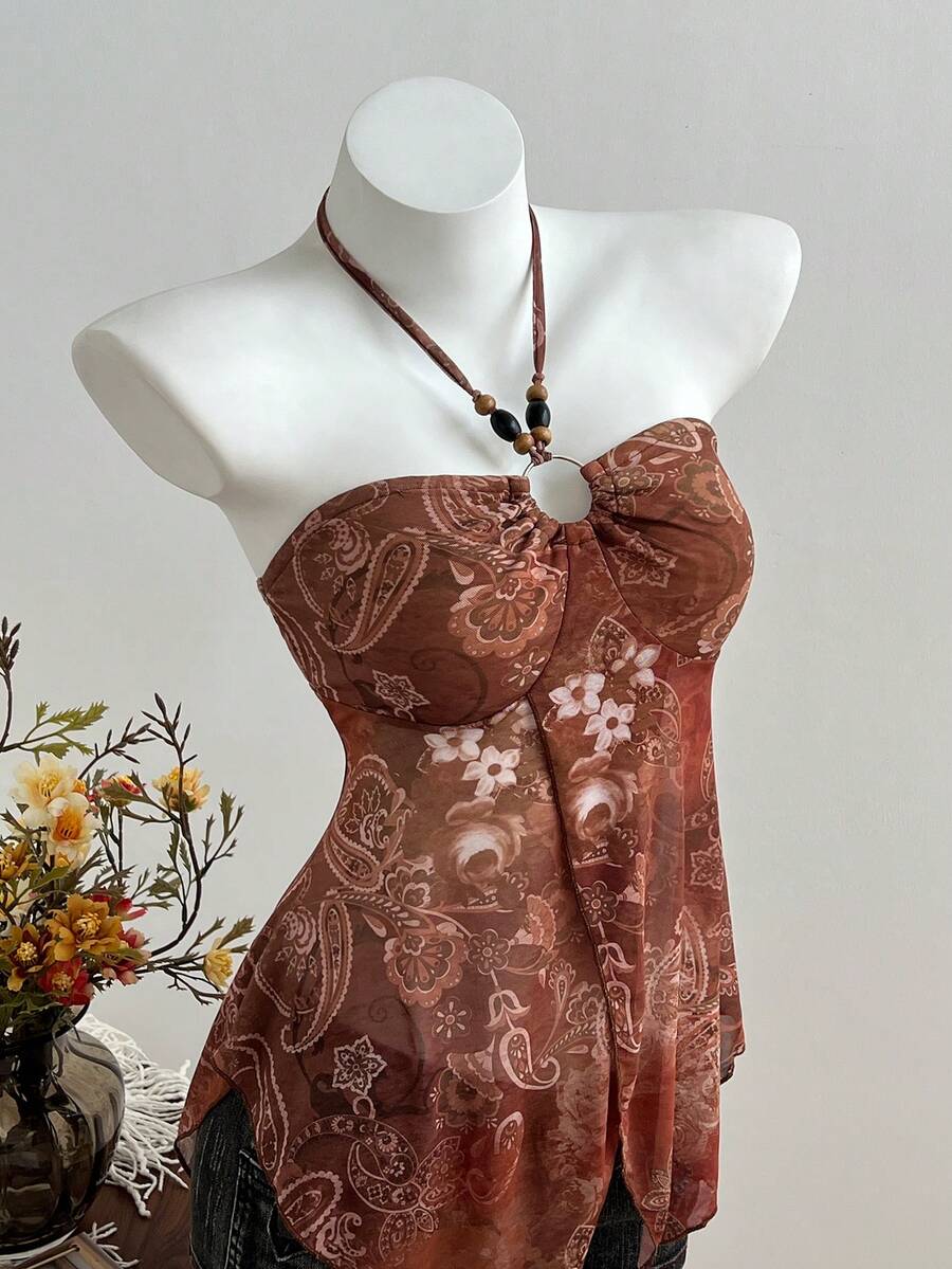 Elamini Y2K复古印花收腰不对称下摆女式背心 - 棕色 - 查看 1