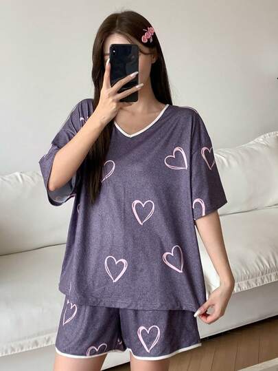 DAZY 女士宽松爱心印花撞色滚边睡衣套装，夏季