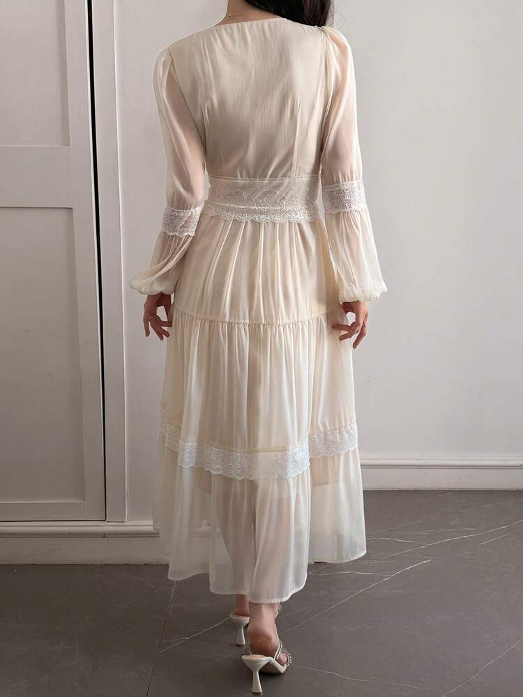 Women's Elegant Lace Patchwork Square Collar Tie Sleeve Midi Dress, Spring/Summer,Wedding Guest Dress Women Sundress