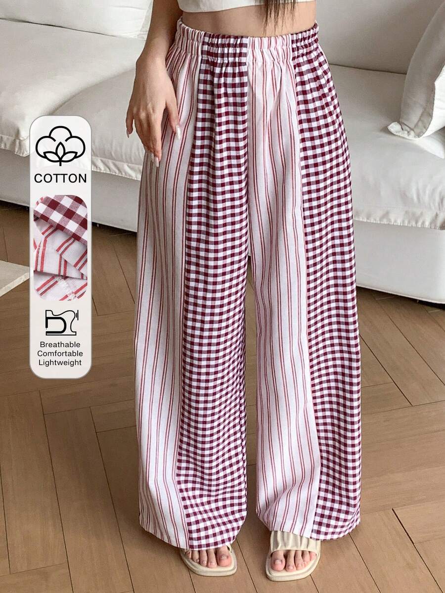 DAZY Plaid & Striped Patchwork Loose Women Pajama Bottoms - Red - View 1