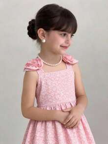 SHEIN Tween Girl Elegant Square Neck Sleeveless 3D Floral Decor A-Line Midi Dress For Party Holiday Celebration Tween Girl - Pink - View 1