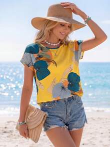 Sylviya Women's Casual Retro Floral Pattern Round Neck Short Sleeve Shirt, Suitable For Summer Suitable For Going Out Chic Blouses For Women - Yellow - View 3