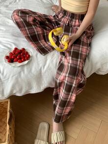 Livesso Plaid Loose Straight Leg Long Pajama Pants, Suitable For Spring And Summer Loungewear - Pink - View 11