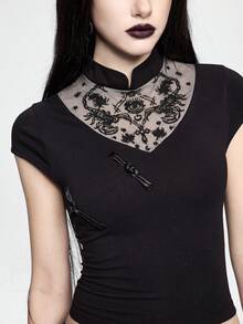 ROMWE Dark Academia Gothic Embroidered Scorpion Women T-Shirt - Black - View 8