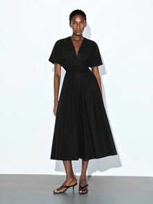 Maija Black Deep V-Neck Waist Cinched Flared Dress For Women - Black - View 7