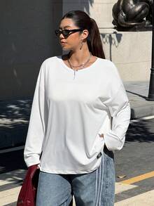 SHEIN EZwear Áo thun cổ tròn tay dài màu trắng cỡ lớn thường ngày rộng rãi - trắng - Xem 3