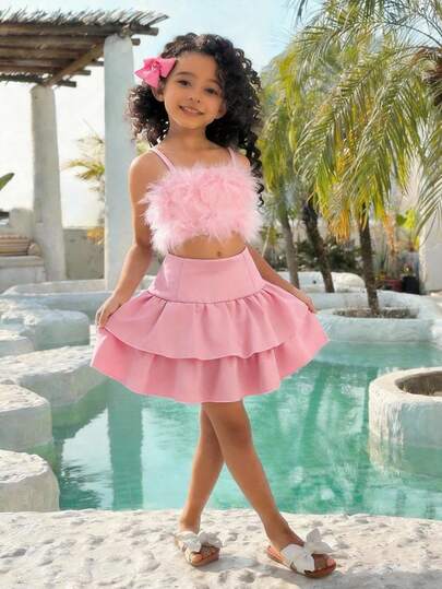 SHEIN 4-7 Years Old Girls Pink Vest & Tulle Skirt Set, Casual Versatile Outfit Suitable For Party, School, Outdoor, Home, Comfortable For Spring, Summer, Autumn