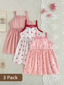 SHEIN 3pcs Baby Girls' Sleeveless Dress Set,Cute Pink Floral Summer Picnic Stretchy Camisole,Elastic Leopard & Stripe Pattern Sundress For Vacation & Party - Pink - View 5