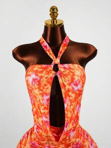 SaltGleam SaltGleam 女士夏季海岛度假性感紧身露背迷你连衣裙，印花镂空设计时尚吊带裙 - 橘色 - 查看 4