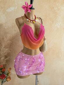 Soleia Vacation Sexy Gradient Sequin & Pearl Chain Halter Backless Women Bohemian Boho Tank Top, Suitable For Vacation, Cruise, Beach - Multicolor - View 4