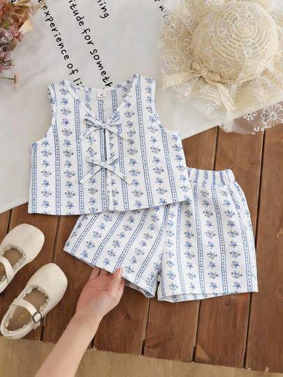 LMoss Kids 两件套女童碎花套装，蝴蝶装饰圆领上衣和短裤