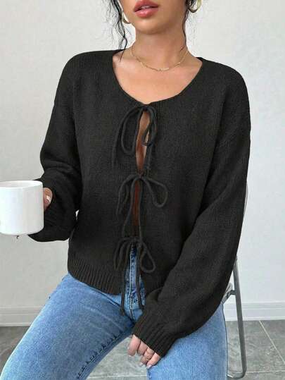 EURMUSE Casual losse effen cardigan met strik aan de voorkant en lange mouwen voor dames