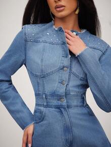 NYA SZN Women's Summer Fashion Rhinestone Washed Button Half-Placket Frayed Hem Long Sleeve Denim Jumpsuit - Medium Wash - View 5