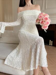 DAZY Đầm midi dáng đuôi cá trễ vai đính sequin ren thanh lịch dành cho nữ, thích hợp cho mùa xuân/hè, váy dự tiệc cưới, đầm hè. - trắng - Xem 3