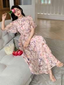 DAZY 女士优雅印花系领荷叶袖中长连衣裙 夏季 - 粉色 - 查看 7