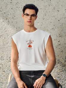 RONVEXI 男士热带字母印花图案休闲夏季无袖背心 - 白色 - 查看 6